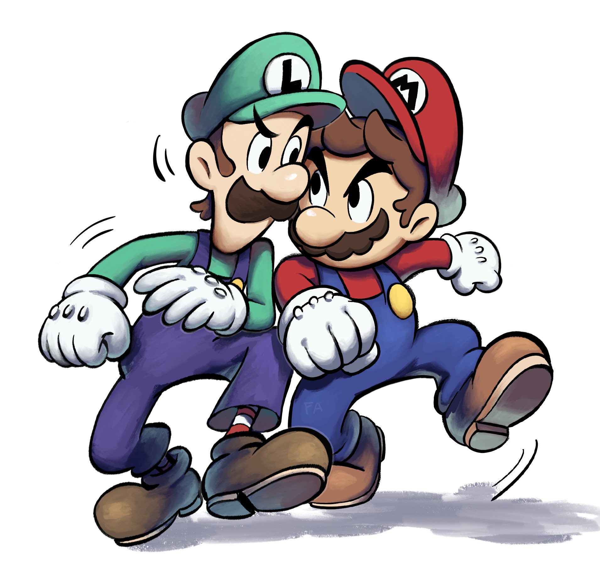 yamari (ya mari 6363), luigi, mario, mario & luigi rpg, mario (series), nintendo, highres, 2boys, blue overalls, boots, brothers, brown hair, facial hair, full body, gloves, green hat, green shirt, hat, long sleeves, looking at another, male focus, masanori sato (style), multiple boys, mustache, newsboy cap, overalls, red hat, red shirt, red socks, shadow, shirt, short hair, siblings, socks, striped clothes, striped socks, two-tone socks, white background, white gloves, white socks