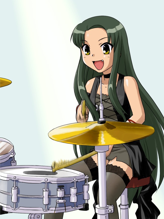 supon, tsuruya, suzumiya haruhi no yuuutsu, 00s, choker, cymbals, drum, drum set, fang, green hair, instrument, long hair, solo, thighhighs, very long hair, yellow eyes