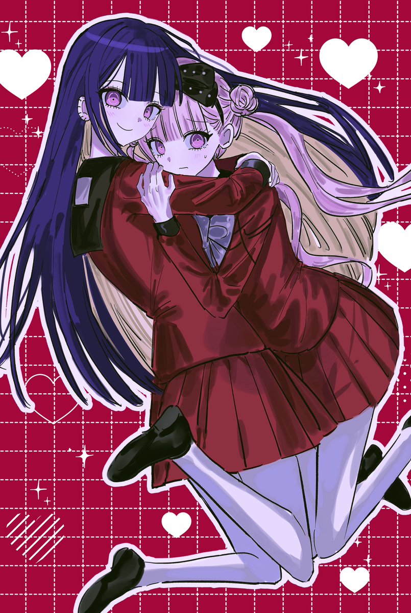 tsukumo ima, tsukumo kako, the hundred line -last defense academy-, 2girls, black hairband, blunt bangs, blush, genderswap, genderswap (mtf), hair bun, hairband, hug, long hair, multicolored hair, multiple girls, patterned background, piercing, pink eyes, pink hair, purple hair, red background, red shirt, school uniform, shirt, siblings, sisters, straight hair, sumi ringo, twins