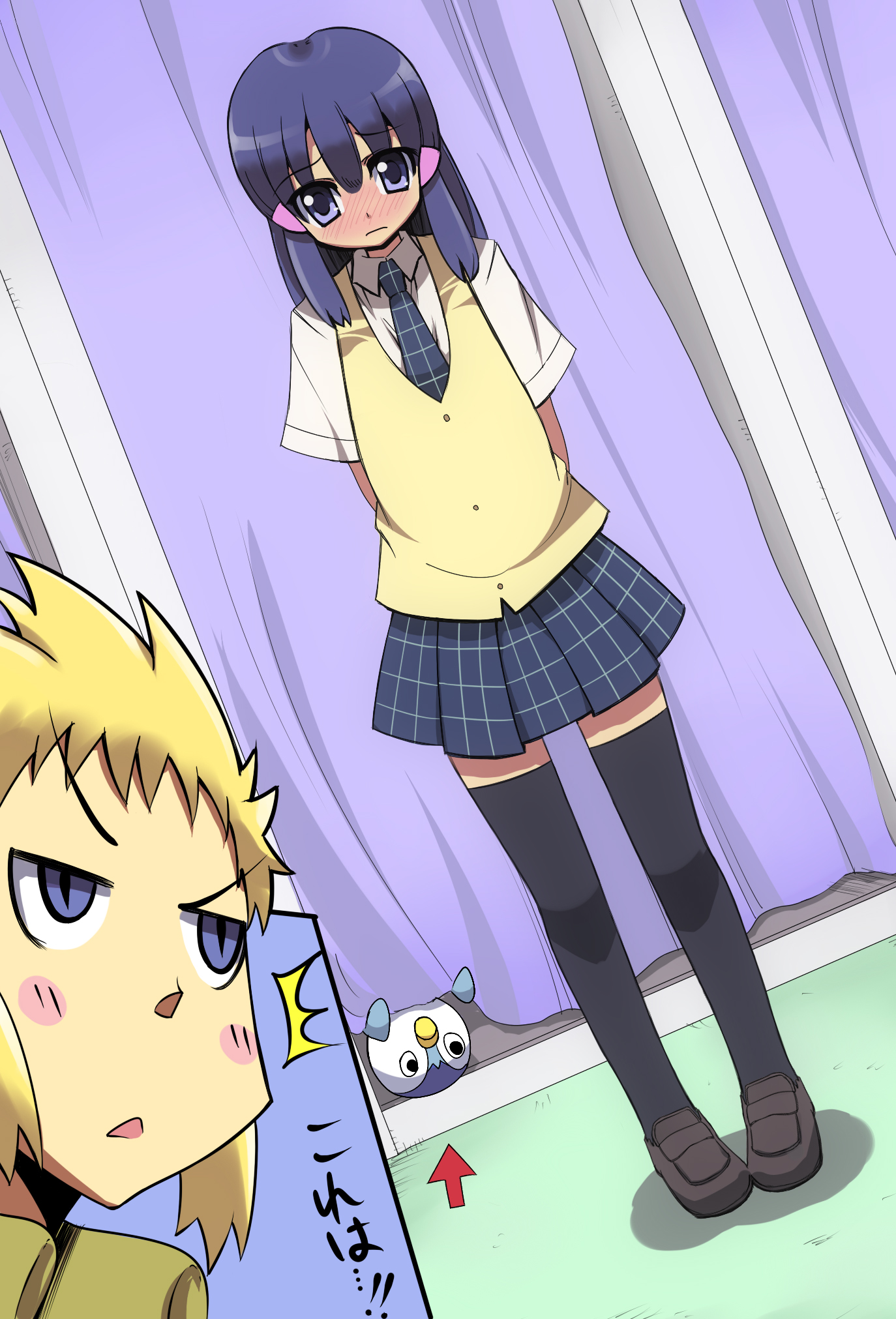 yonayo, dawn (pokemon), piplup, volkner (pokemon), nintendo, pokemon, highres, 1boy, 1girl, :<, arrow (symbol), black thighhighs, blonde hair, blue eyes, blue hair, blush, curtains, dressing room, embarrassed, gen 4 pokemon, gym leader, hair ornament, hairclip, loafers, necktie, pleated skirt, pokemon (creature), school uniform, shoes, skirt, sweater vest, thighhighs, upside-down