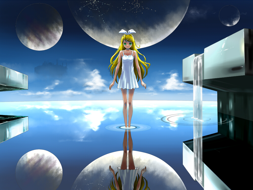 haya-g, ikusotsu, kagamine rin, vocaloid, 1girl, blonde hair, dress, female focus, green eyes, hair ornament, hair ribbon, hairclip, legs, long hair, moon, planet, reflection, reflective water, ribbon, skirt, sky, solo, water, white dress, white skirt