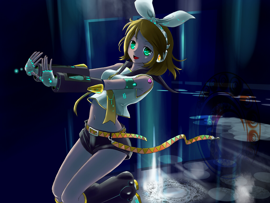 haya-g, ikusotsu, kagamine rin, vocaloid, 1girl, aqua eyes, blonde hair, female focus, glowing, glowing eyes, hair ribbon, headphones, headset, navel, ribbon, short hair, shorts, smile, solo