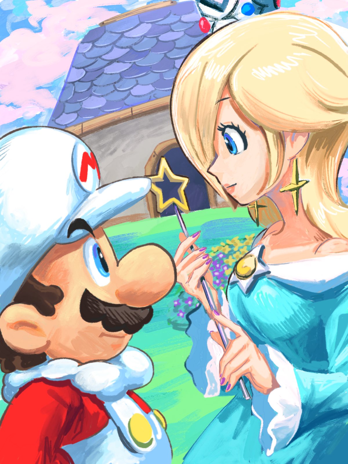yamari (ya mari 6363), cloud mario, mario, rosalina, mario (series), nintendo, super mario galaxy, highres, official art, 1boy, 1girl, blonde hair, blue dress, blue eyes, brown hair, building, crown, day, dress, earrings, facial hair, from side, grass, hat, holding, holding wand, jewelry, long hair, mustache, outdoors, overalls, red shirt, shirt, short hair, star (symbol), star earrings, star wand, wand, white hat, white overalls