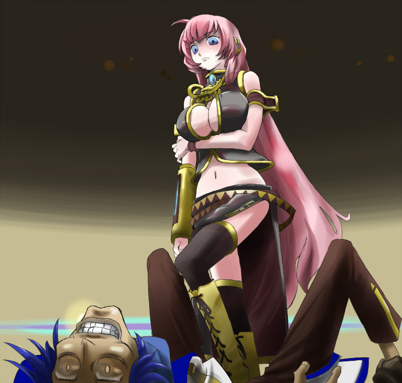 haya-g, ikusotsu, kaito (vocaloid), megurine luka, vocaloid, 1boy, 1girl, ahoge, ball busting, bdsm, belt, blue eyes, blue hair, blush, breasts, cbt, cleavage, cleavage cutout, clothing cutout, crazy eyes, crotch kick, crotch stomping, empty eyes, femdom, headphones, large breasts, long hair, lying, midriff, navel, pain, pink hair, side slit, stomping, thighhighs, very long hair