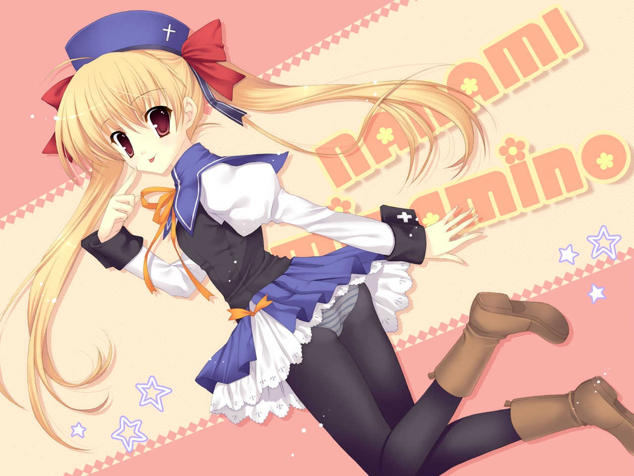 mikeou, mitha, minamino nanami, konneko, non-web source, 1girl, ass, blonde hair, boots, character name, female focus, hair ribbon, hat, long hair, one eye closed, panties, panties under pantyhose, pantyhose, pantyshot, red eyes, ribbon, solo, star (symbol), striped clothes, striped panties, tongue, tongue out, twintails, underwear, wink