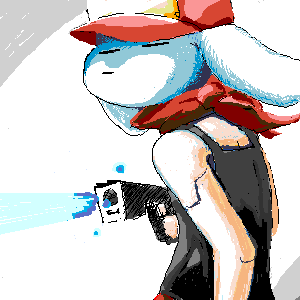mimiga, quote (cave story), doukutsu monogatari, lowres, 1boy, gun, hat, male focus, mask, oekaki, solo, weapon