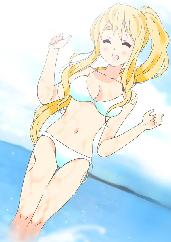 yamasaki wataru, kotobuki tsumugi, k-on!, 00s, 1girl, bikini, breasts, closed eyes, dutch angle, female focus, lens flare, outdoors, sky, solo, swimsuit, white bikini