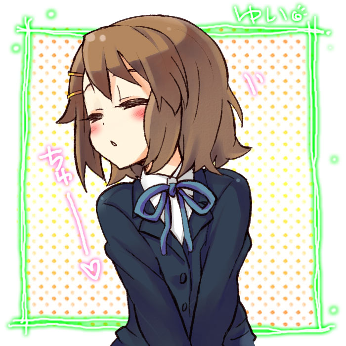 halo (artist), hirasawa yui, k-on!, 00s, 1girl, blush, brown hair, closed eyes, female focus, kiss, polka dot, school uniform, short hair, solo