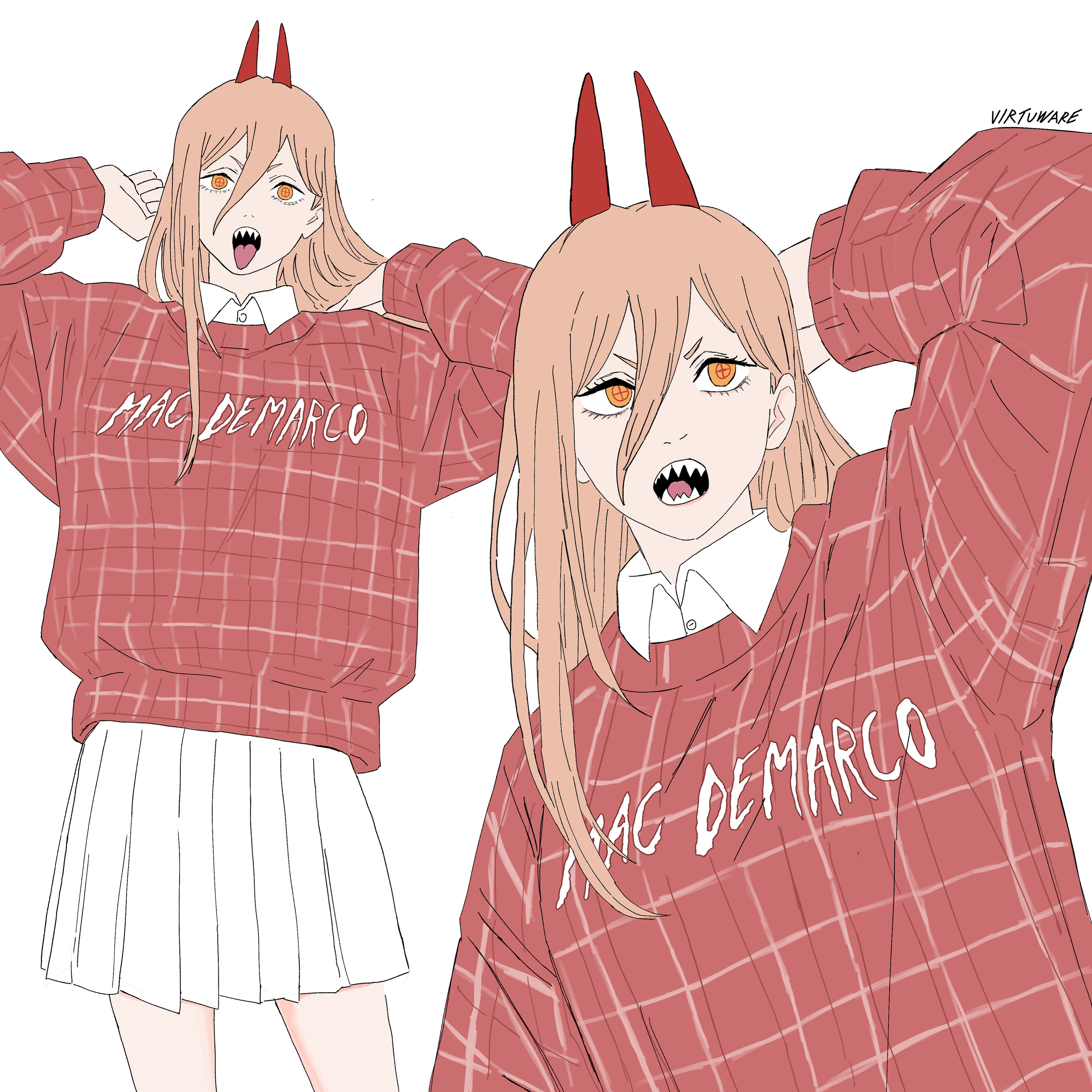 virtuware, power (chainsaw man), chainsaw man, absurdres, highres, 1girl, blonde hair, collared shirt, cross-shaped pupils, demon girl, demon horns, hair between eyes, horns, long hair, multiple views, open mouth, plaid clothes, plaid sweater, red horns, red sweater, sharp teeth, shirt, simple background, skirt, sweater, symbol-shaped pupils, teeth, tongue, tongue out, white background, white skirt, yellow eyes