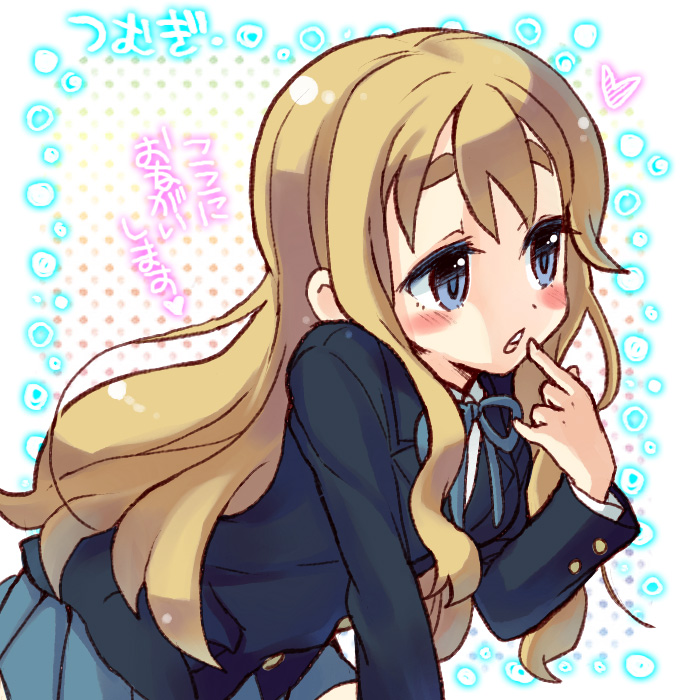 halo (artist), kotobuki tsumugi, k-on!, eyebrows, translated, 00s, 1girl, bent over, blonde hair, blue eyes, female focus, long hair, school uniform, solo