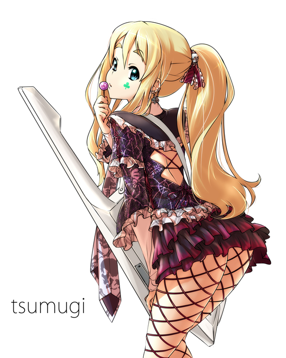 nekomamire, kotobuki tsumugi, k-on!, 00s, 1girl, bent over, blonde hair, candy, clubs, female focus, fishnet pantyhose, fishnets, food, frills, goth fashion, instrument, keytar, lollipop, looking back, pantyhose, ponytail, skirt, solo