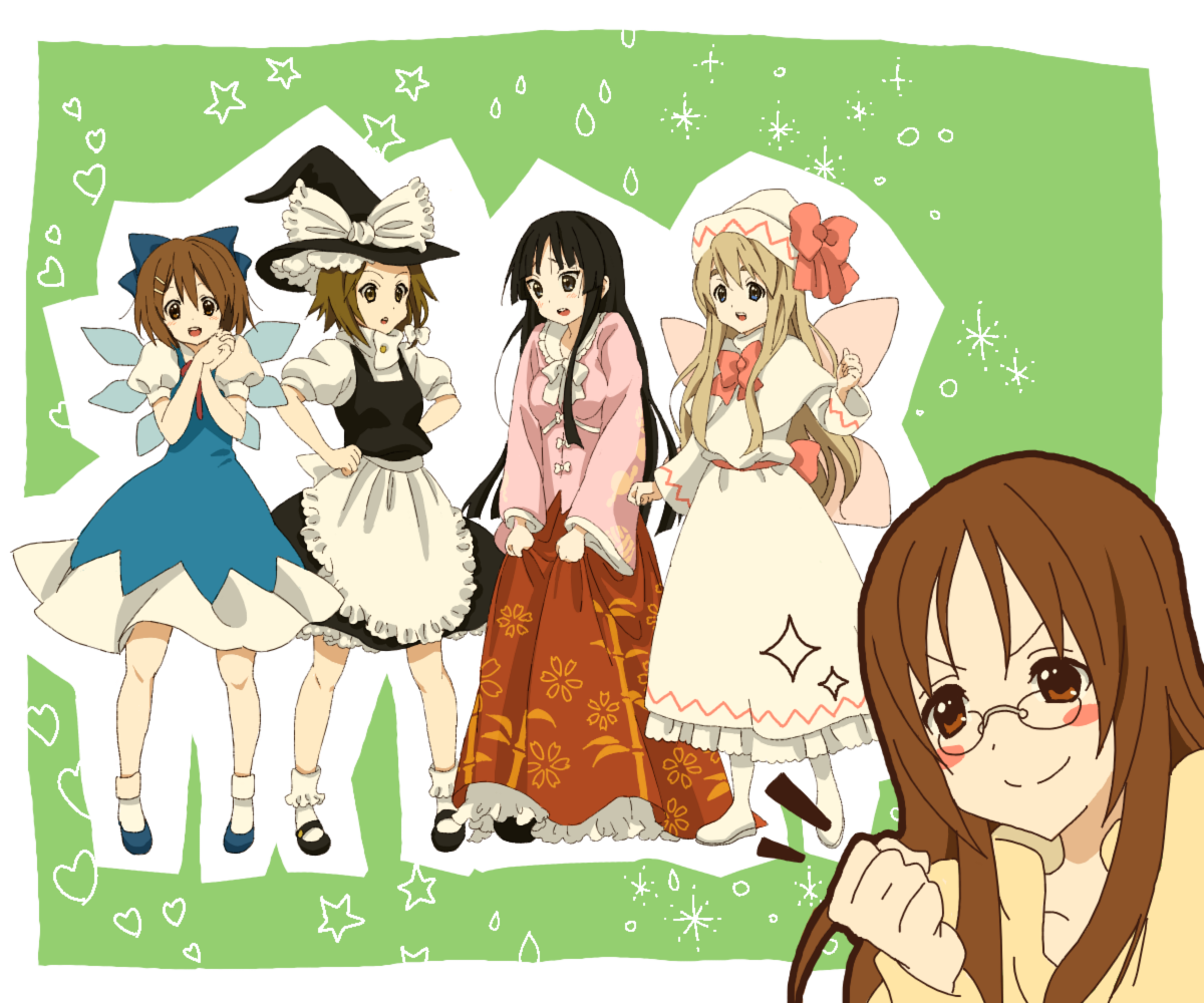 keino (midorinoko), midorinoko, akiyama mio, cirno, hirasawa yui, houraisan kaguya, kirisame marisa, kotobuki tsumugi, lily white, tainaka ritsu, yamanaka sawako, k-on!, touhou, bad id, bad pixiv id, 5girls, blonde hair, cirno (cosplay), cosplay, dress, glasses, hat, houraisan kaguya (cosplay), imagining, kirisame marisa (cosplay), lily white (cosplay), multiple girls, parody, ribbon, skirt hold, wings
