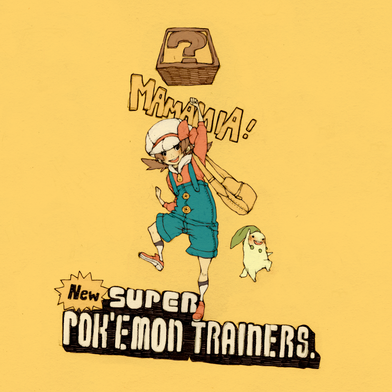 luce-in-the-sky, lunaluce, chikorita, lyra (pokemon), mario (series), nintendo, pokemon, pokemon hgss, bad id, bad pixiv id, highres, traditional media, 1girl, ?, ? block, bag, brown hair, company connection, gen 2 pokemon, hat, hat ribbon, jumping, messenger bag, newsboy cap, overalls, parody, pokemon (creature), red ribbon, ribbon, short twintails, shoulder bag, sketch, smile, twintails
