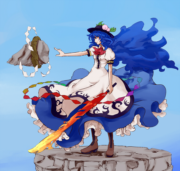 shibasaki shouji, hinanawi tenshi, touhou, stone, bad id, bad pixiv id, 1girl, blue eyes, blue hair, boots, female focus, food, fruit, hat, kaname-ishi, long hair, matching hair/eyes, peach, solo, sword, sword of hisou, weapon