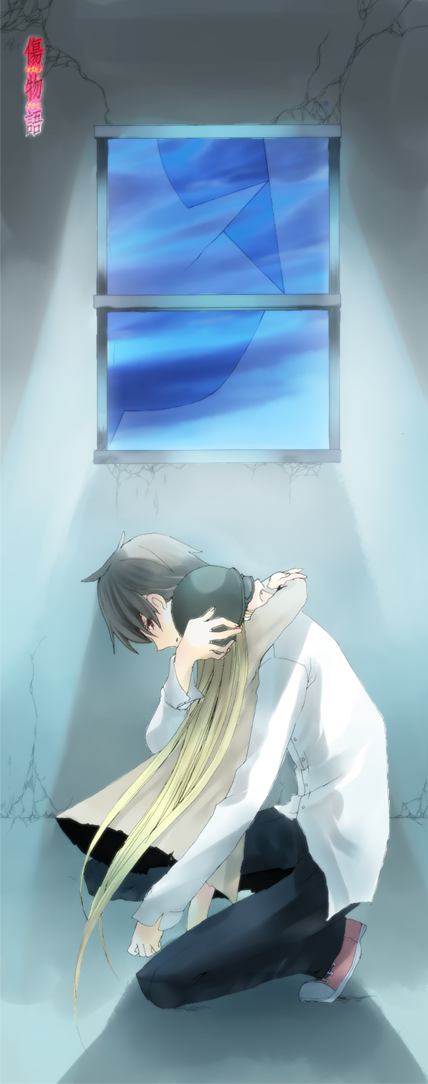 araragi koyomi, oshino shinobu, bakemonogatari, monogatari (series), 00s, blonde hair, brown hair, goggles, helmet, hug