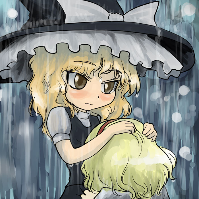 gakubuchi aiko, alice margatroid, kirisame marisa, touhou, 2girls, blonde hair, female focus, hairband, hat, multiple girls, rain, short hair, witch, witch hat, yellow eyes