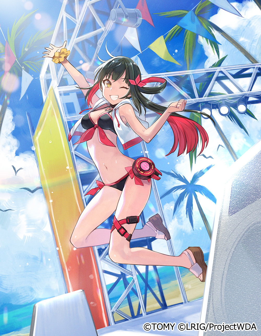 yuko (uc yuk), yuzuki (wixoss), wixoss, highres, official art, 1girl, beach, bikini, bird, black bikini, blue sky, brown sandals, closed mouth, cloud, colored inner hair, copyright notice, cropped jacket, jacket, looking at viewer, medium hair, multicolored hair, one eye closed, red hair, sand, sandals, scrunchie, sky, smile, solo, swimsuit, thigh strap, white jacket, yellow scrunchie