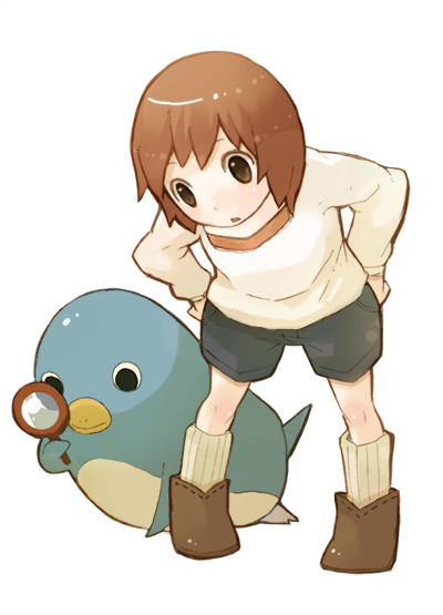 morikawa sumio, animal, bird, brown eyes, brown hair, leaning forward, magnifying glass, penguin, solo