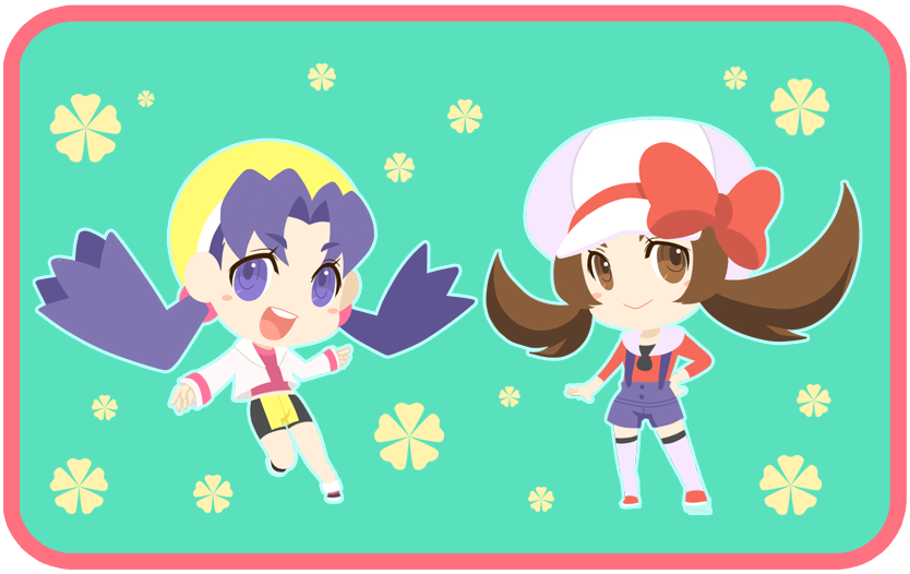 d (pixiv544157), decoko, kris (pokemon), lyra (pokemon), nintendo, pokemon, pokemon gsc, pokemon hgss, bad id, bad pixiv id, 00s, 1990s (style), 2girls, bike shorts, blue eyes, blue hair, brown eyes, brown hair, chibi, clover, four-leaf clover, hat, hat ribbon, kneehighs, multiple girls, newsboy cap, overalls, red ribbon, retro artstyle, ribbon, short twintails, smile, socks, thighhighs, twintails