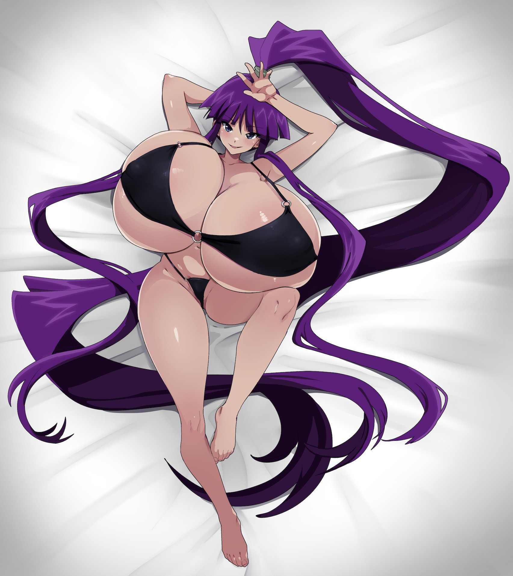 nashirasauce, misono kirika, eiken, highres, bikini, black bikini, breasts, gigantic breasts, long hair, lying, o-ring, o-ring bikini, on back, on bed, ponytail, purple eyes, purple hair, swimsuit, very long hair