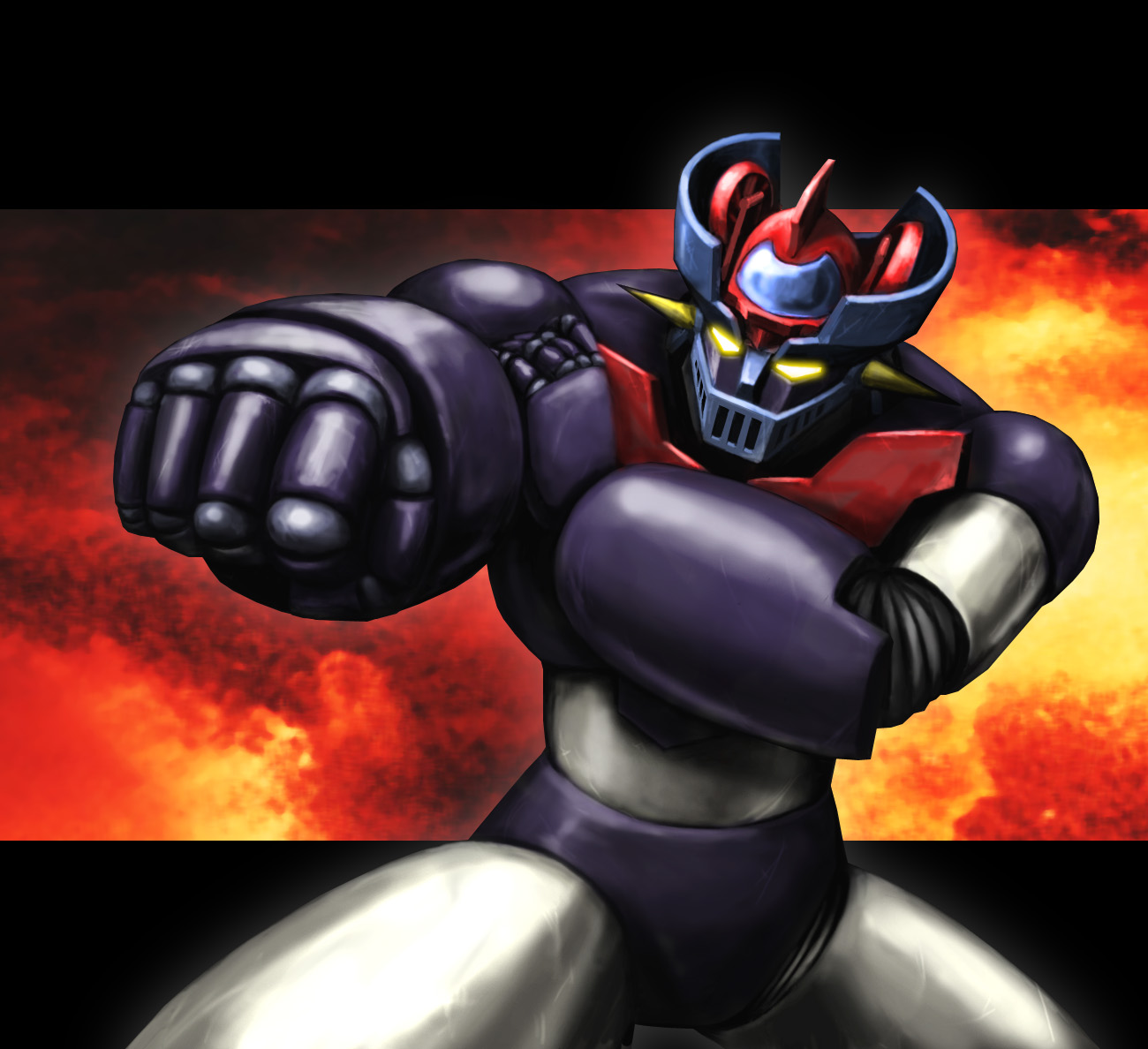 aniki gunsou, mazinger z (mecha), mazinger (series), mazinger z, shin mazinger shougeki! z-hen, toei company, 00s, 1970s (style), battle, cockpit, fire, mecha, no humans, oldschool, retro artstyle, robot, science fiction, super robot