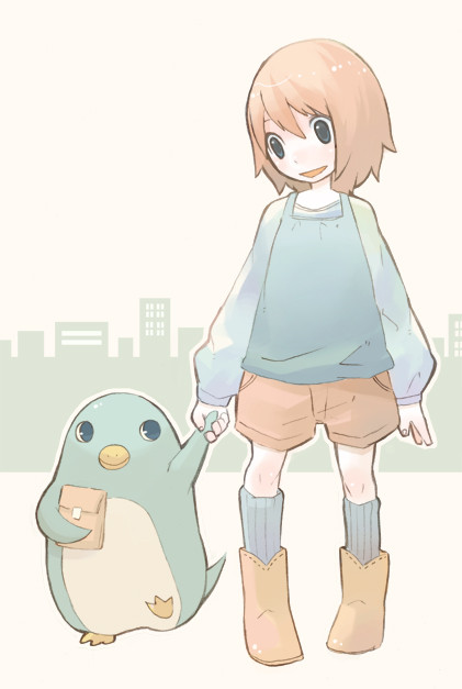 morikawa sumio, original, animal, bird, brown hair, grey eyes, holding hands, penguin, solo