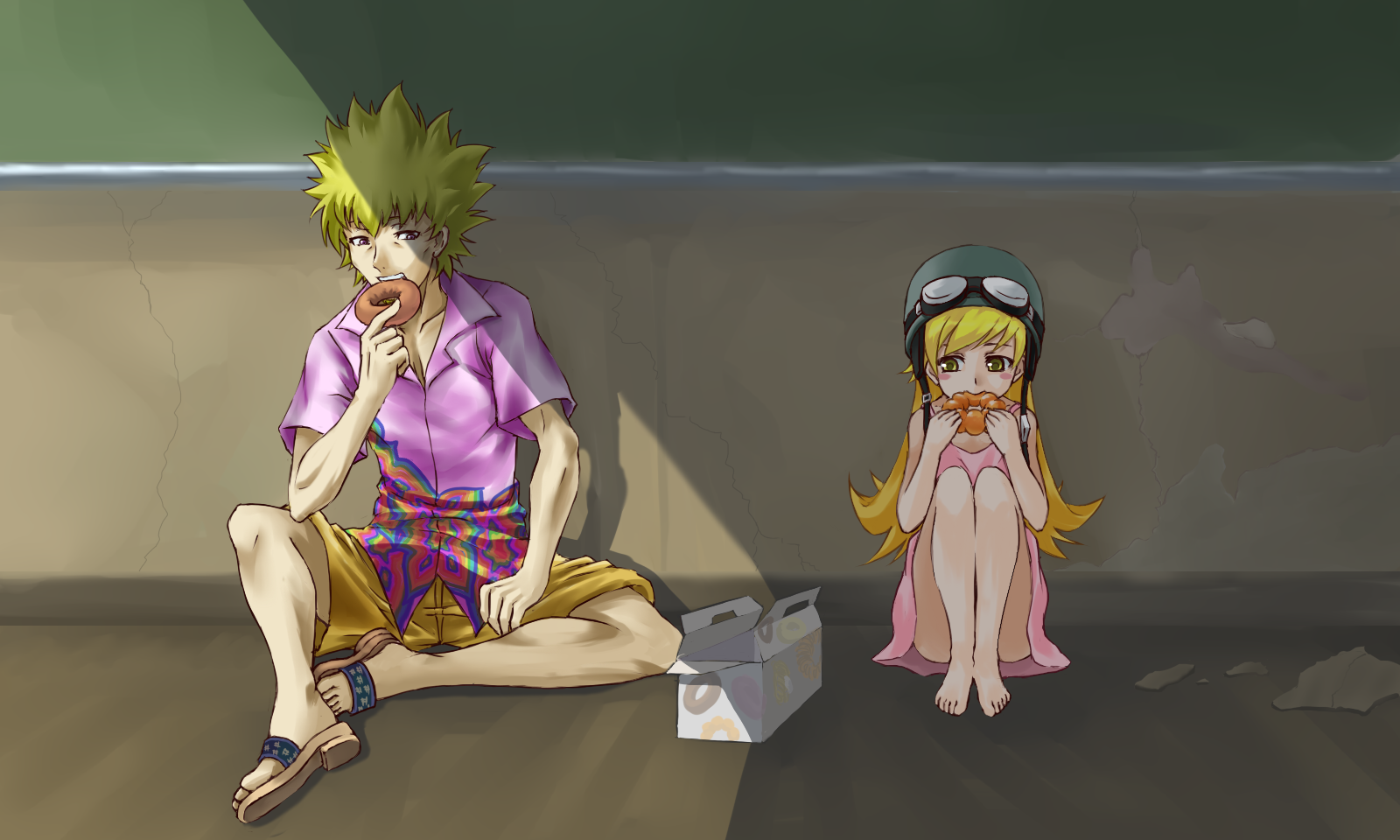 hizumi (s05a1064), oshino meme, oshino shinobu, bakemonogatari, monogatari (series), highres, 00s, barefoot, blonde hair, bottomless, dress, feet, goggles, helmet, long hair, sandals, shorts, sundress