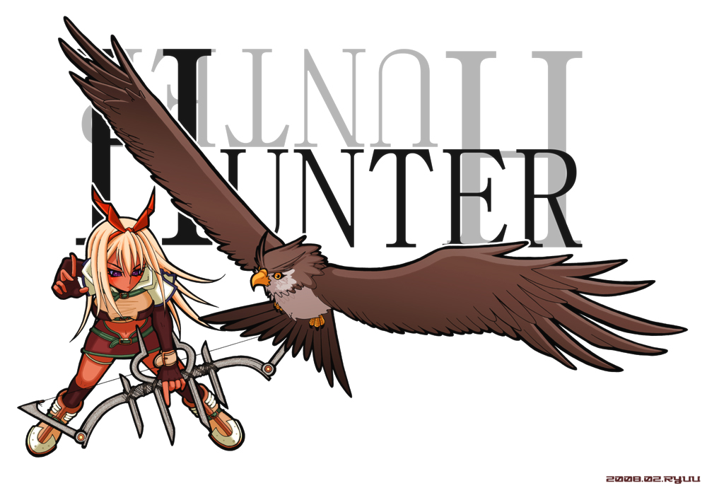 hunter (ragnarok online), ragnarok online, commentary request, 1girl, 2000s (style), 2008, bird, blonde hair, bow, bow (weapon), bow hairband, breasts, brown gloves, brown shirt, brown skirt, brown socks, character name, closed mouth, crop top, elbow gloves, fingerless gloves, full body, gloves, hairband, holding, holding bow (weapon), holding weapon, leaning forward, long hair, looking at viewer, medium breasts, midriff, miniskirt, navel, orange bow, owl, purple eyes, ryuu (5lden age), shirt, skirt, socks, solo, standing, weapon, white background