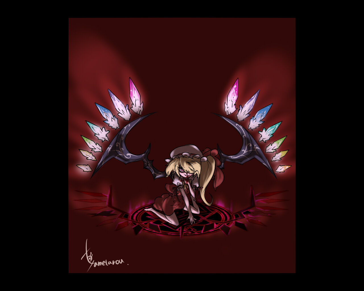 azito7, flandre scarlet, touhou, bad id, bad pixiv id, 1girl, alternate wings, barefoot, blonde hair, blood, evil grin, evil smile, female focus, full body, grin, hair over one eye, hat, kneeling, magic circle, ponytail, red eyes, short hair, side ponytail, smile, solo, wings