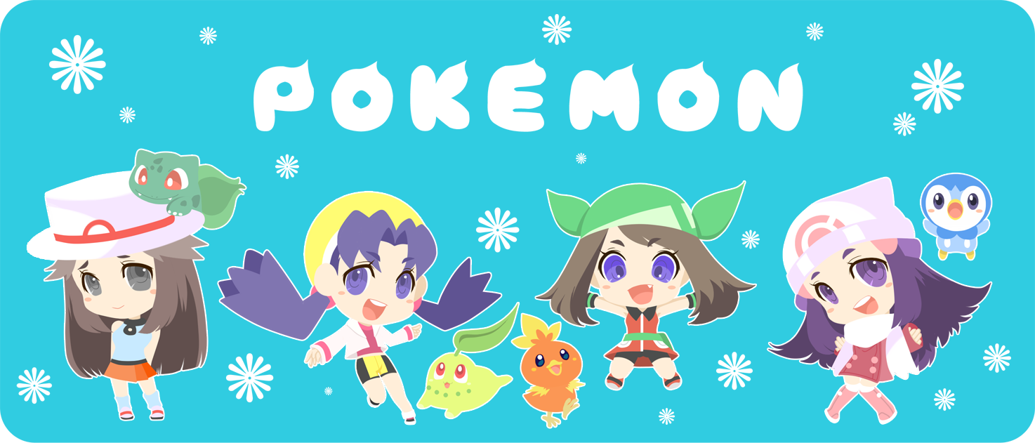 d (pixiv544157), decoko, bulbasaur, chikorita, dawn (pokemon), kris (pokemon), leaf (pokemon), may (pokemon), may (pokemon emerald), piplup, torchic, nintendo, pokemon, pokemon dppt, pokemon frlg, pokemon gsc, pokemon rse, 00s, 1990s (style), 4girls, alternate costume, bandana, beanie, blue eyes, blue hair, brown hair, chibi, copyright name, gen 1 pokemon, gen 2 pokemon, gen 3 pokemon, gen 4 pokemon, grey eyes, hat, multiple girls, pokemon (creature), porkpie hat, purple eyes, retro artstyle, smile, winter clothes