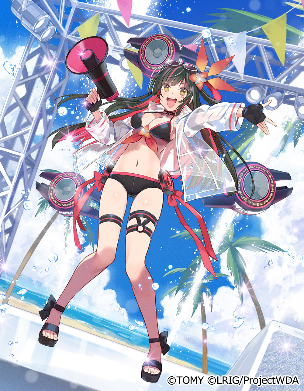 yuko (uc yuk), yuzuki (wixoss), wixoss, highres, official art, 1girl, beach, bikini, black bikini, black gloves, black sandals, blue sky, breasts, brown hair, cleavage, cloud, colored inner hair, eyewear on head, fingerless gloves, gloves, holding, holding megaphone, jacket, looking at viewer, medium breasts, megaphone, multicolored hair, o-ring, o-ring thigh strap, open mouth, outdoors, red hair, sand, sandals, see-through clothes, see-through jacket, sky, solo, sunglasses, swimsuit, thigh strap, water, white jacket