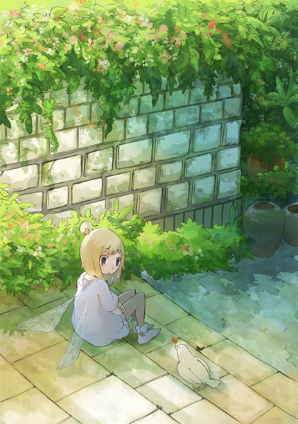 morikawa sumio, original, wall, 1girl, bird, blonde hair, bush, fairy wings, female focus, hair bun, pigeon, short hair, single hair bun, sitting, sitting on stairs, solo, stairs, stone wall, tears, wings