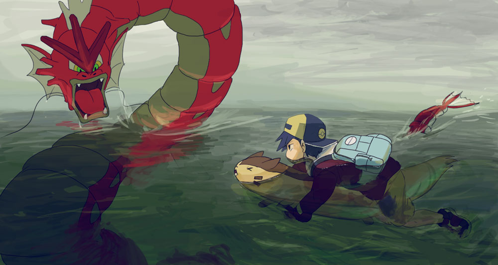 kaeru touritsu, ethan (pokemon), furret, gyarados, nintendo, pokemon, pokemon gsc, 1990s (style), 1boy, alternate color, backpack, bag, baseball cap, dragon, gen 1 pokemon, gen 2 pokemon, hat, pokemon (creature), randoseru, retro artstyle, shiny pokemon, swimming, water, you gonna get raped