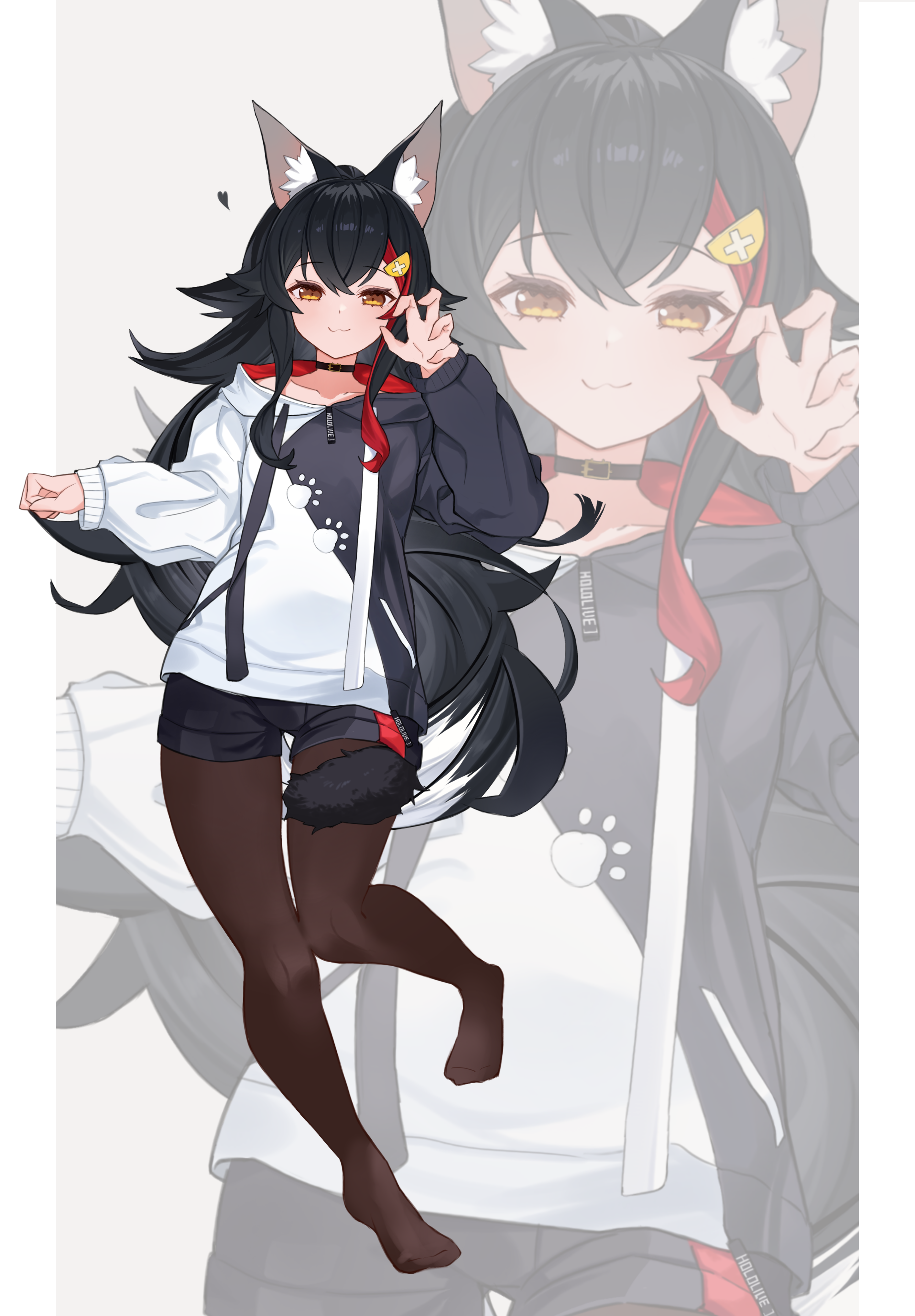 tntl nemui, ookami mio, ookami mio (hoodie), hololive, absurdres, commentary, highres, symbol-only commentary, 1girl, animal ear fluff, animal ears, asymmetrical shirt, black choker, black hair, black hoodie, black pantyhose, black shorts, black sweater, black tail, choker, claw pose, collarbone, cowboy shot, dot nose, drawstring, flipped hair, full body, hair between eyes, hair ornament, hairclip, hands up, heart, hood, hooded sweater, hoodie, long hair, long sleeves, looking at viewer, multicolored hair, no shoes, pantyhose, paw print, paw print pattern, red hair, red streaks, short shorts, shorts, sidelocks, simple background, smile, solo, spiked hair, split mouth, standing, standing on one leg, streaked hair, sweater, tail, tail around own leg, tail wrap, two-tone hair, two-tone hoodie, two-tone sweater, very long hair, virtual youtuber, white background, white hoodie, white sweater, wolf ears, wolf girl, wolf tail, yellow eyes