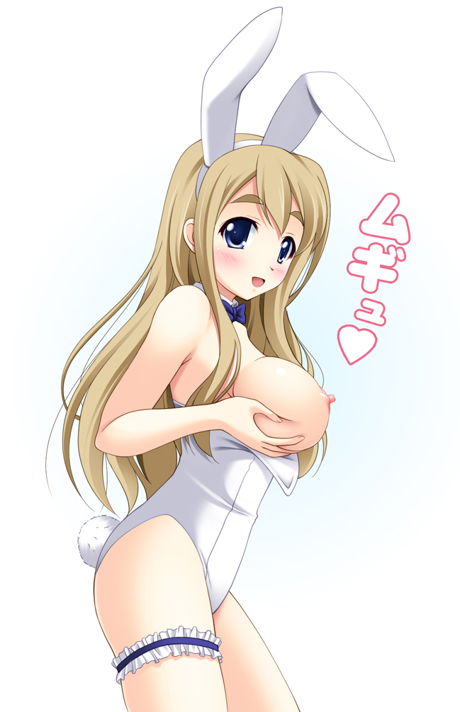 narutaki shin, kotobuki tsumugi, k-on!, 00s, 1girl, animal ears, bare legs, blonde hair, blue eyes, blush, breast lift, breasts, fake animal ears, female focus, frilled thigh strap, large breasts, long hair, nipples, playboy bunny, rabbit ears, solo, thigh strap