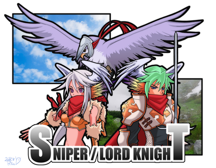 lord knight (ragnarok online), sniper (ragnarok online), ragnarok online, commentary request, 1boy, 1girl, 2000s (style), 2008, armband, armor, bird, blue eyes, breastplate, breasts, cape, chainmail, character name, cloud, crop top, cross, fingerless gloves, fur-trimmed gloves, fur-trimmed shirt, fur trim, gloves, gradient wings, green hair, grey hair, grey wings, hawk, head wings, holding, holding sword, holding weapon, long hair, multicolored wings, orange wings, pauldrons, purple eyes, purple wings, red cape, ryuu (5lden age), shirt, short hair, shoulder armor, sleeveless, sleeveless shirt, small breasts, sword, upper body, weapon, wings, yellow gloves, yellow shirt