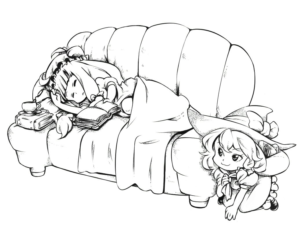 azito7, kirisame marisa, patchouli knowledge, touhou, bad id, bad pixiv id, 2girls, blanket, book, braid, couch, female focus, glasses, greyscale, hat, long hair, monochrome, multiple girls, short hair, sleeping, unworn eyewear, yellow eyes