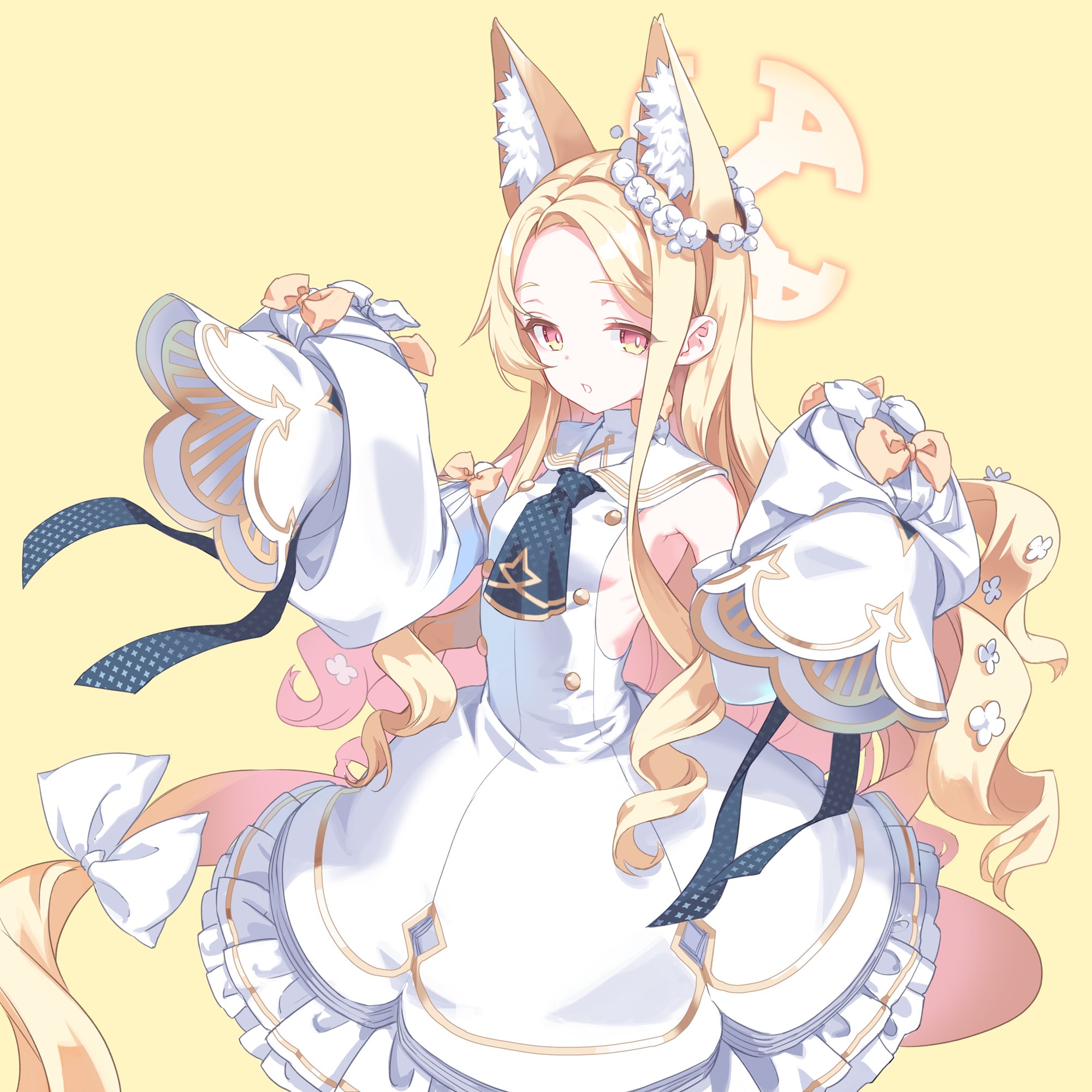 h2so4, seia (blue archive), blue archive, highres, 1girl, animal ear fluff, animal ears, blonde hair, cross halo, detached sleeves, dress, ear wreath, forehead, fox ears, fox girl, halo, long hair, looking at viewer, sailor collar, sleeve bow, sleeveless, sleeveless dress, sleeves past fingers, sleeves past wrists, solo, white dress, white sailor collar, yellow halo