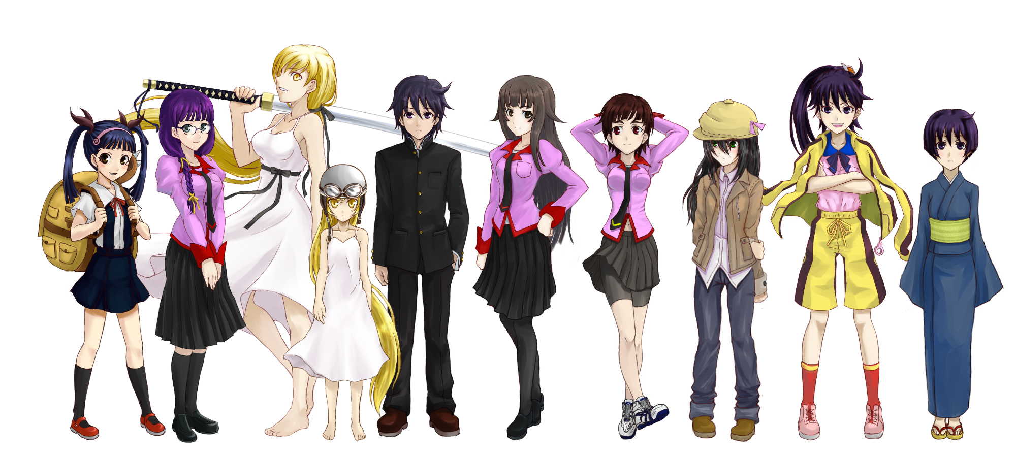 hizumi (s05a1064), araragi karen, araragi koyomi, araragi tsukihi, hachikuji mayoi, hanekawa tsubasa, kanbaru suruga, kiss-shot acerola-orion heart-under-blade, oshino shinobu, sengoku nadeko, senjougahara hitagi, bakemonogatari, kizumonogatari, monogatari (series), nekomonogatari, black legwear, red legwear, highres, 00s, 10s, 1boy, 6+girls, arms behind head, backpack, bag, barefoot, bike shorts, black hair, blonde hair, blue hair, braid, brown hair, crossed arms, dress, everyone, feet, flat chest, glasses, goggles, hand on own hip, hat, helmet, jacket, japanese clothes, juliet sleeves, katana, kimono, long hair, long sleeves, multiple girls, ootachi, pantyhose, ponytail, puffy sleeves, purple hair, randoseru, sandals, school uniform, shoes, short hair, shorts, shorts under skirt, side ponytail, skirt, sneakers, sword, toes, track jacket, twintails, weapon, white dress, yellow eyes