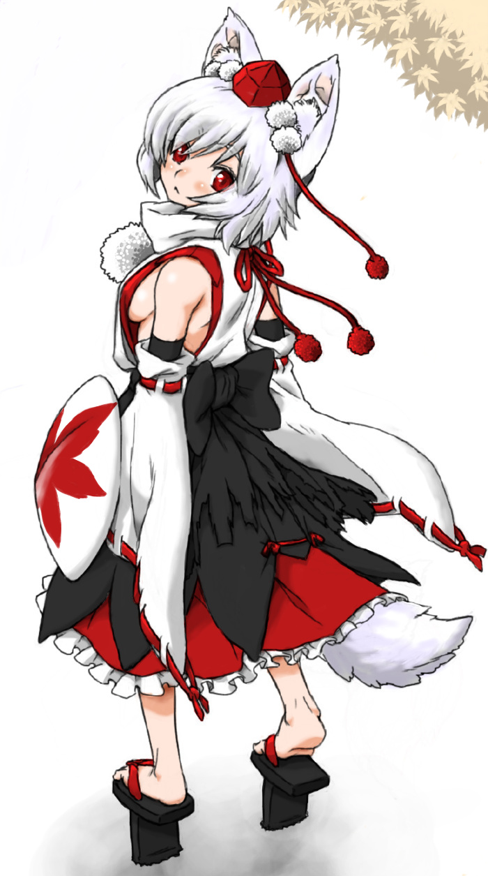 hisakawa riho, hishagawariho, inubashiri momiji, touhou, bad id, bad pixiv id, highres, 1girl, animal ears, breasts, detached sleeves, female focus, geta, hat, red eyes, sandals, shield, short hair, sideboob, solo, tail, tengu-geta, tokin hat, white hair, wolf ears, wolf tail