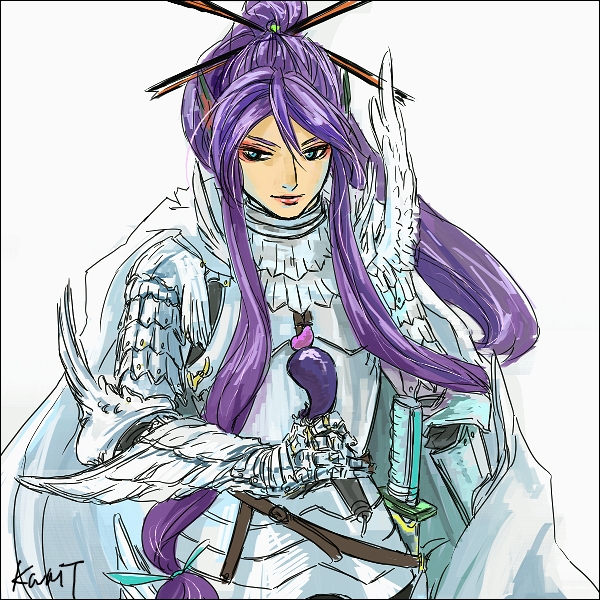 kwmt, griffith (berserk), kamui gakupo, berserk, vocaloid, 1boy, armor, belt, bishounen, blue eyes, cape, cosplay, creator connection, eggplant, griffith (cosplay), long hair, male focus, microphone, parody, ponytail, purple hair, simple background, solo, sword, weapon, wings