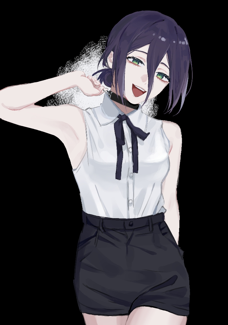 reze (chainsaw man), chainsaw man, 1girl, black background, black choker, black ribbon, black shorts, choker, green eyes, grenade pin, hair between eyes, hair bun, jeod twst, neck ribbon, open mouth, purple hair, ribbon, shirt, shirt tucked in, shorts, sleeveless, sleeveless shirt, solo, white shirt