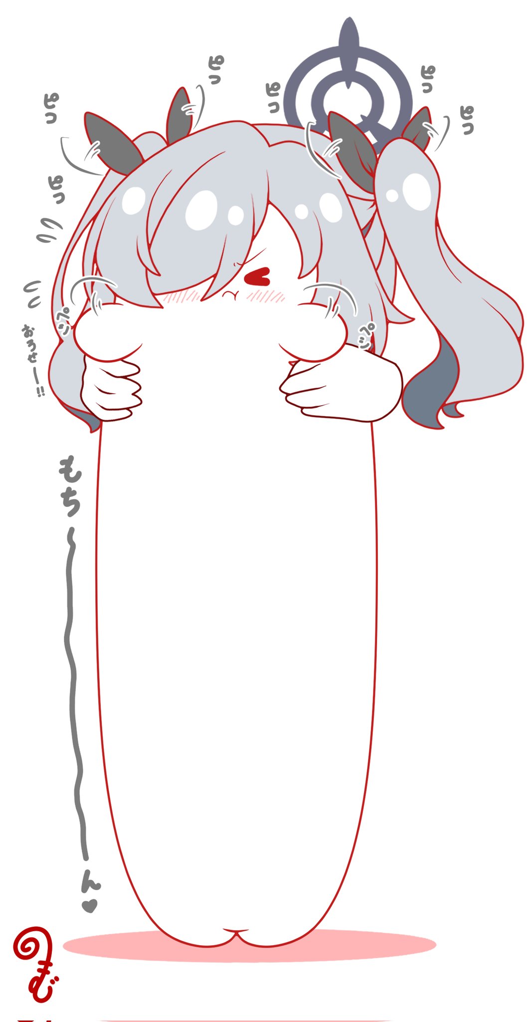 kurukurumagical, iori (blue archive), blue archive, commentary request, corrupted twitter file, highres, translation request, > <, :t, afterimage, black ribbon, blush, chibi, closed eyes, closed mouth, colored shadow, disembodied hand, flying sweatdrops, grey hair, hair over one eye, hair ribbon, halo, long hair, longcat (meme), meme, ribbon, shadow, solo focus, twintails, white background