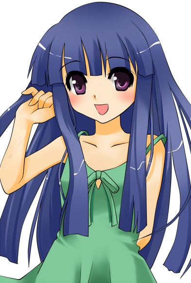 asahana jun, furude rika, higurashi no naku koro ni, bad id, bad pixiv id, 00s, blue hair, dress, long hair, purple eyes, solo