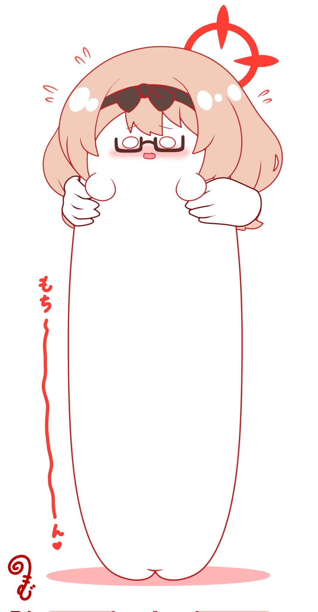 kurukurumagical, chinatsu (blue archive), blue archive, commentary request, corrupted twitter file, highres, black-framed eyewear, black bow, black hairband, blush, bow, brown hair, chibi, colored shadow, disembodied hand, flying sweatdrops, glasses, hairband, halo, long hair, longcat (meme), meme, nose blush, open mouth, semi-rimless eyewear, shadow, simple background, solo focus, under-rim eyewear, white background, wide oval eyes