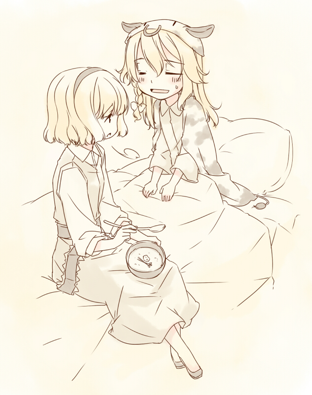 sakuraba yuuki, alice margatroid, kirisame marisa, touhou, duplicate, 2girls, animal ears, animal print, bed, braid, chibi, closed eyes, cow hat, cow print, eating, female focus, monochrome, multiple girls, muted color, partially colored, spot color