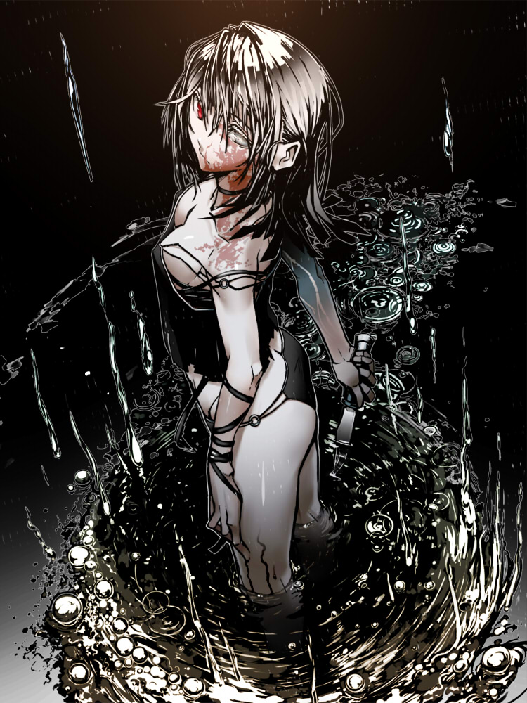 kahadu (kawazu), original, 1girl, black hair, blood, breasts, cleavage, female focus, heterochromia, knife, large breasts, panties, solo, underwear, water