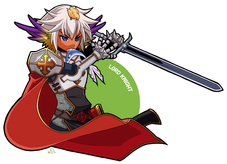 lord knight (ragnarok online), ragnarok online, commentary request, 1boy, 2000s (style), 2008, animal, animal on head, armor, baby animal, belt, bird, bird on head, black tabard, blue eyes, breastplate, brown belt, cape, chainmail, character name, chick, cross, cross of prontera, feathered wings, grey hair, holding, holding sword, holding weapon, male focus, on head, pauldrons, purple wings, red cape, ryuu (5lden age), scabbard, sheath, short hair, shoulder armor, simple background, solo, spiked gauntlets, sword, tabard, upper body, v-shaped eyebrows, weapon, white background, wings