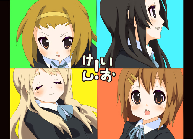 sora to umi, akiyama mio, hirasawa yui, kotobuki tsumugi, tainaka ritsu, k-on!, 00s, 4girls, black eyes, black hair, blonde hair, brown eyes, brown hair, closed eyes, ho-kago tea time, long hair, multiple girls, school uniform, short hair