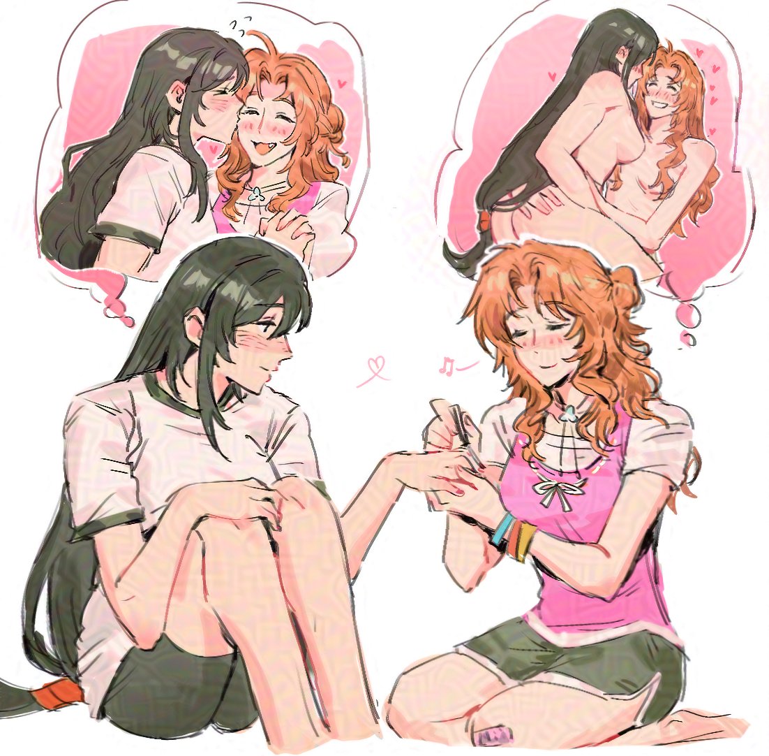 jeremr, aerith gainsborough, tifa lockhart, final fantasy, final fantasy vii, 2girls, alternate costume, bandaid, bandaid on knee, bandaid on leg, bangle, black hair, black shorts, blush, bracelet, breasts, brown hair, camisole, choker, closed eyes, completely nude, flower choker, grin, hair between eyes, holding hands, hugging own legs, image in thought bubble, interlocked fingers, jewelry, kiss, kissing cheek, kneeling, light smile, long hair, low-tied long hair, medium breasts, multiple girls, nude, open mouth, parted bangs, pink camisole, shirt, shirt under shirt, short sleeves, shorts, sidelocks, smile, teeth, updo, white background, white shirt, yuri